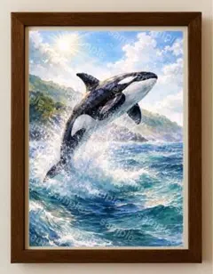 【水彩画アート】陽光を裂くシャチの跳躍 2L版写真用紙