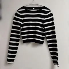 黒と白のストライプ クロップドニット Mサイズ　春ニット