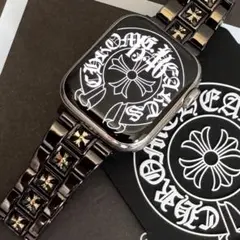 アップルウォッチ用 高級バンド ブラック＆ゴールド クロスモチーフ