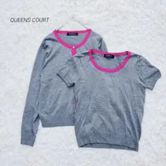 クイーンズコート アンサンブル 長袖 カーディガン パールボタン 綿混 グレー