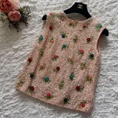 60Sヴィンテージ　ビーズフラワー　スパンコール　ウールニットトップス　花