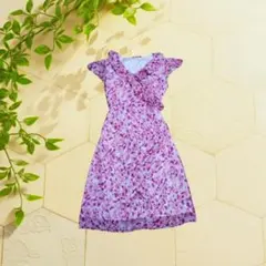 80s 90s レトロ 総柄ロングワンピース カシュクール Vネック パープル