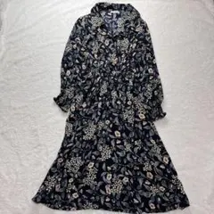 And Search 花柄ワンピース 長袖 ネイビー ウエストゴム