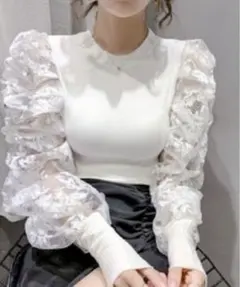 【美品】レース切り替えボリュームスリーブトップス