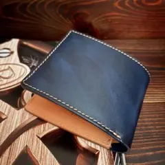 E12 本革 義大利皮革 植鞣革 牛皮 錢包 雙摺式 藍色■藍色