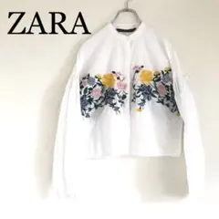 【美品 】ZARA ザラ 花刺繍ブラウス バンドカラー バルーンスリーブ XS