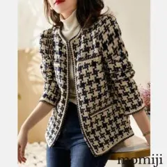 冬 M 新品 レトロ ツイード ノーカラージャケット スーツ