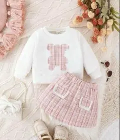 女の子 ピンク ツイード スカート 熊 セットアップ 100