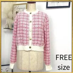 新品未使用 フェザーツイード ニット カーディガン ピンク フリーサイズ