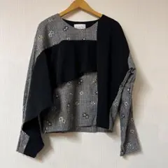 IN-PROCESS TOKYO 刺繍長袖トップス サイズS チェック グレー