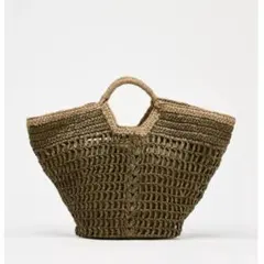ZARA オリーブグリーン ストローバッグ ハンドル付き