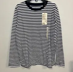 新品タグ付、無印、今年物、黒ボーダー天竺編み、クルーネックTシャツ