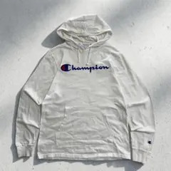 Champion 薄手 フーディー ロンT感覚 白 ロゴ L シティ　古着