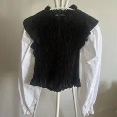 ZARA ストレッチコントラストブラウス フリル付き長袖　ブラウス