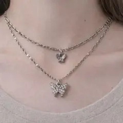 ネックレス 合金 バタフライ 2連 シルバー レイヤード トレンド アクセサリー