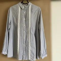 ストライプ柄長袖シャツ レース装飾付き　Lサイズ 春服