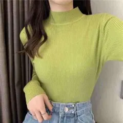 ☆ハーフタートルネック☆リブセーター☆ 着回し抜群  グリーン  緑