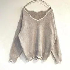 ニット セーター スカラップカラー 裾袖口並々デザイン 長袖 バイカラー L