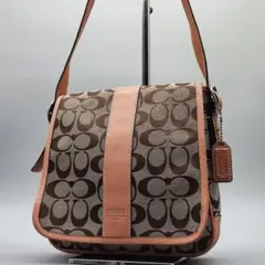 美品 コーチ ショルダーバッグ シグネチャー キャンバス レザー キャメル