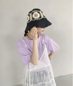 フラワー編みバケットハット　ブラック