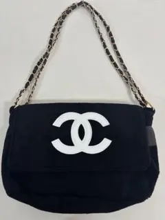 ブラック チェーン ショルダーバッグ パイル生地