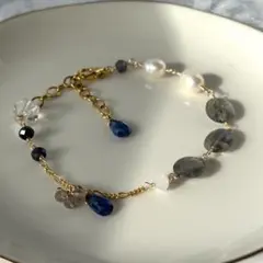 天然石ブレスレット ラブラドライト×淡水パール レディース 上品 きれいめ