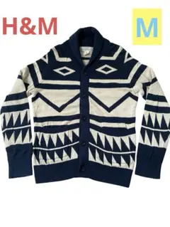 メンズ/H&M/幾何学模様/ネイビーアイボリー/ニットカーディガン/M