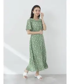 花柄 半袖 シャツワンピース 緑色