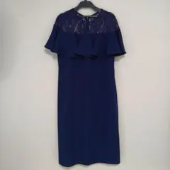 ネイビーパーティドレス 肩レース&胸フリルドレス