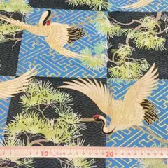 金彩和柄スラブ生地 50cm 鶴と松 青海波 紗綾形　青　ブルー