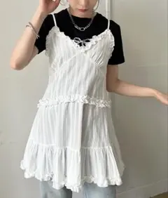 フリル×コットンストライプビスチェディテールキャミチュニック