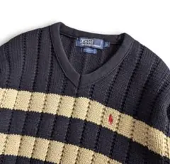 美品 ポロラルフローレン ボーダー Vネック ニットセーター Lサイズ ネイビー