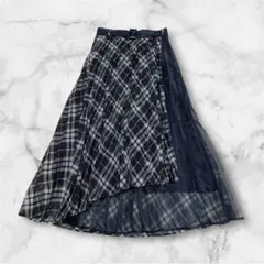 リランドチュール シアーチェックプリーツ巻きスカート ネイビー ベルト付き M