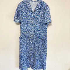 昭和レトロ 美品 総柄 幾何学模様 ワンピース 半袖 青ヴィンテージ L