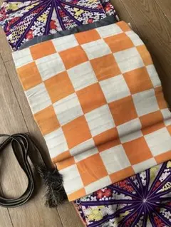 【レア柄・美品】大正ロマン、橙の格子がレトロポップ☆正絹 名古屋帯