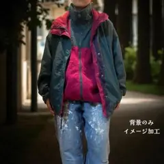 コロンビア ナイロンジャケット裏側着脱式フリースLグリーン×紫ピンク