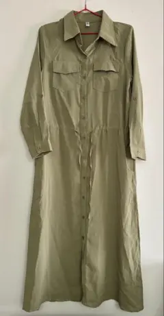 シャツワンピース ロング丈 ドローストリング カーキ