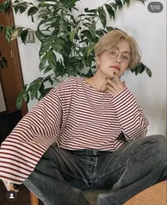 map. 赤と白のストライプ 長袖Tシャツ　overlap clothing