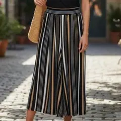 美品 ダブルフォーカス ワイドパンツ M 白黒ベージュストライプ ウエストゴム