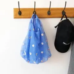 〈u02〉オーガンジー エコバッグ トートバッグ デイジー 花 刺繍 韓国 青