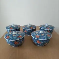 青色 花柄 湯飲み茶碗 5個セット