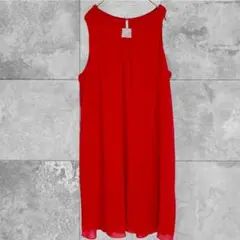 美品★ノースリーブ ワンピース ドレス レッド 膝丈 赤 ラインストーン 結婚式