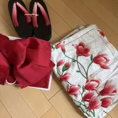 赤い花柄 浴衣・帯・草履セット