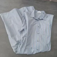 【翌日発送】 長袖 シャツ ワンピース ブルー マタニティ可 こなれ くすみカラ