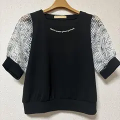 Lei Dan Jia パール装飾異素材袖トップス ブラックカットソー透け感袖❗️