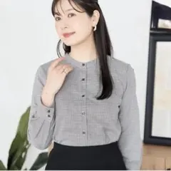 未使用品 AOKI バンドカラーシャツ 茶千鳥格子柄 オフィスカジュアル