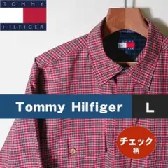 〈トミーヒルフィガー〉90's 赤チェック柄シャツ フラッグ 刺繍：メンズL