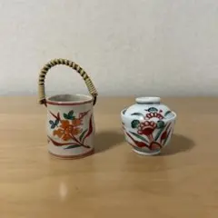 【アンティーク】ミニチュアサイズ　蓋付き丼＆楊枝立て　陶器　赤絵のサムネイル