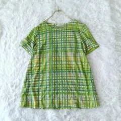 美品シンプルライフSIMPLE LIFE リネン混チェック柄 半袖カットソーLのサムネイル