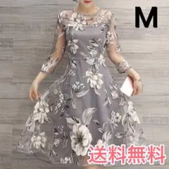 ワンピース 花柄 グレー　M　ドレス　結婚式　二次会　フォーマル お呼ばれ